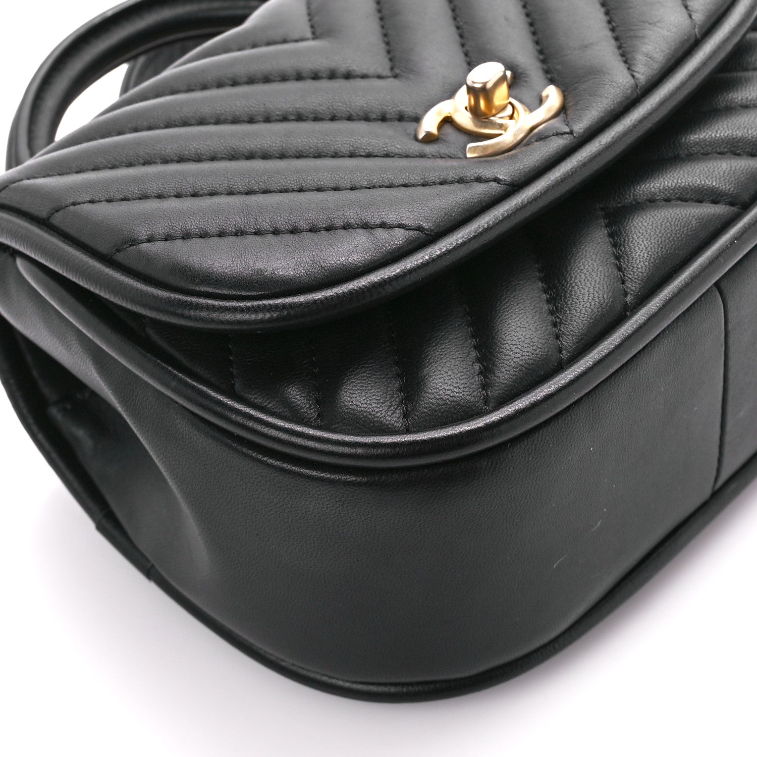 Chanel Lambskin Reverse Chevron Quilted Mini Round Top Handle Flap Black 10 of 11