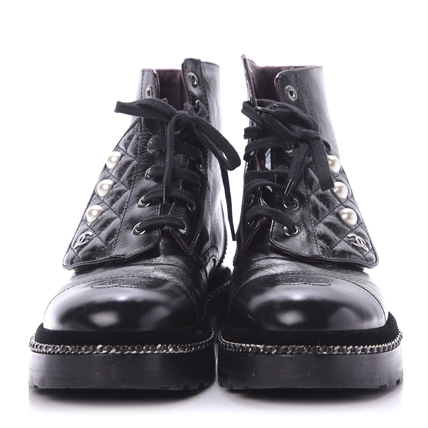 Crackled Calfskin Velvet Pearl Combat Short Boots 39 Black