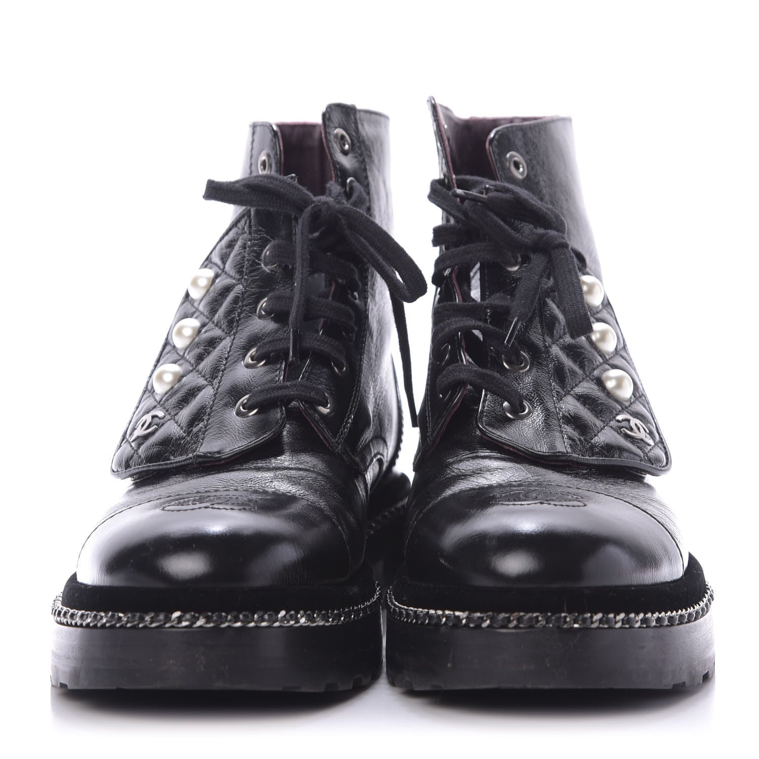 Chanel Crackled Calfskin Velvet Pearl Combat Short Boots 39 Black 2 of 10