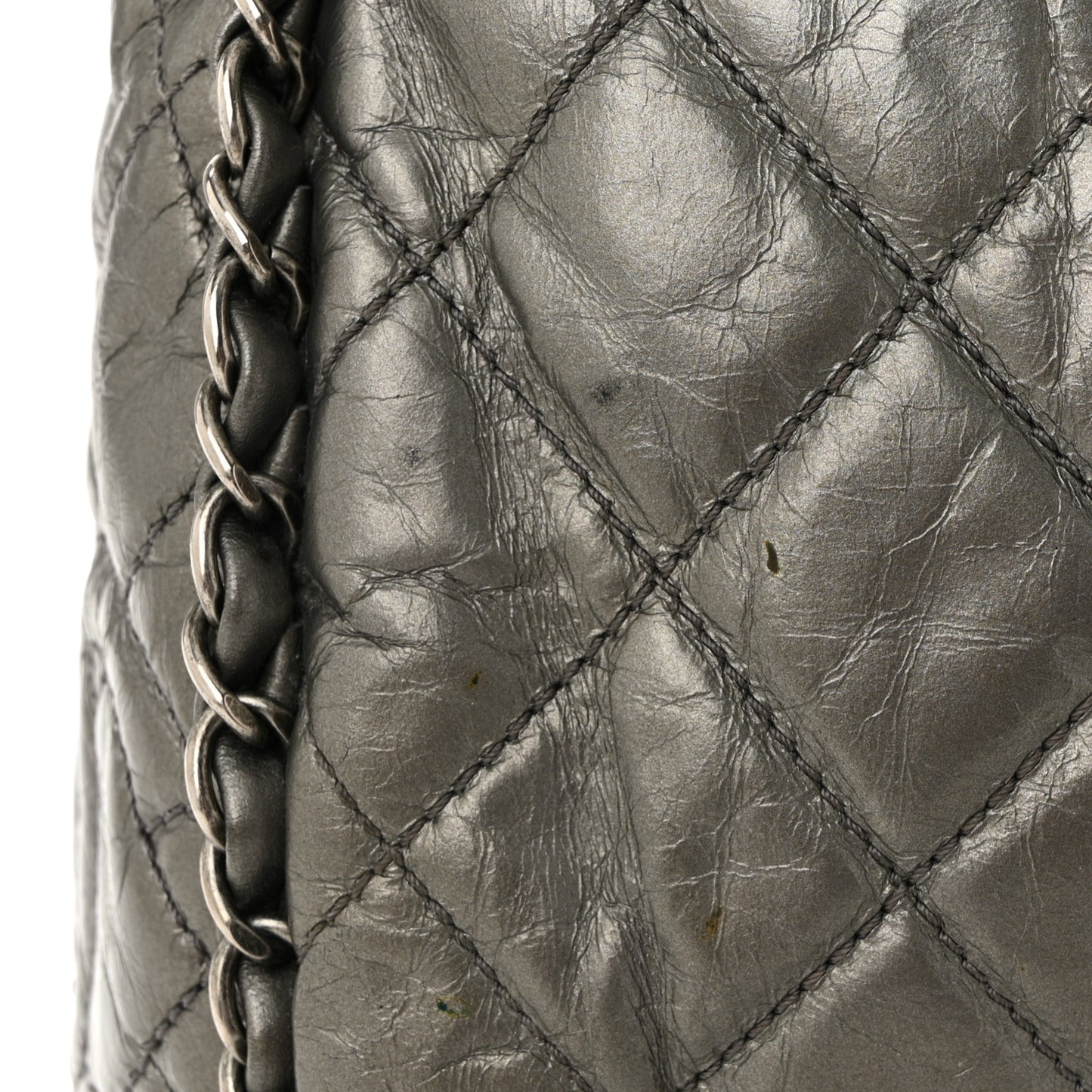 Metallic Calfskin Quilted Medium Chain Me Hobo Dark Silver