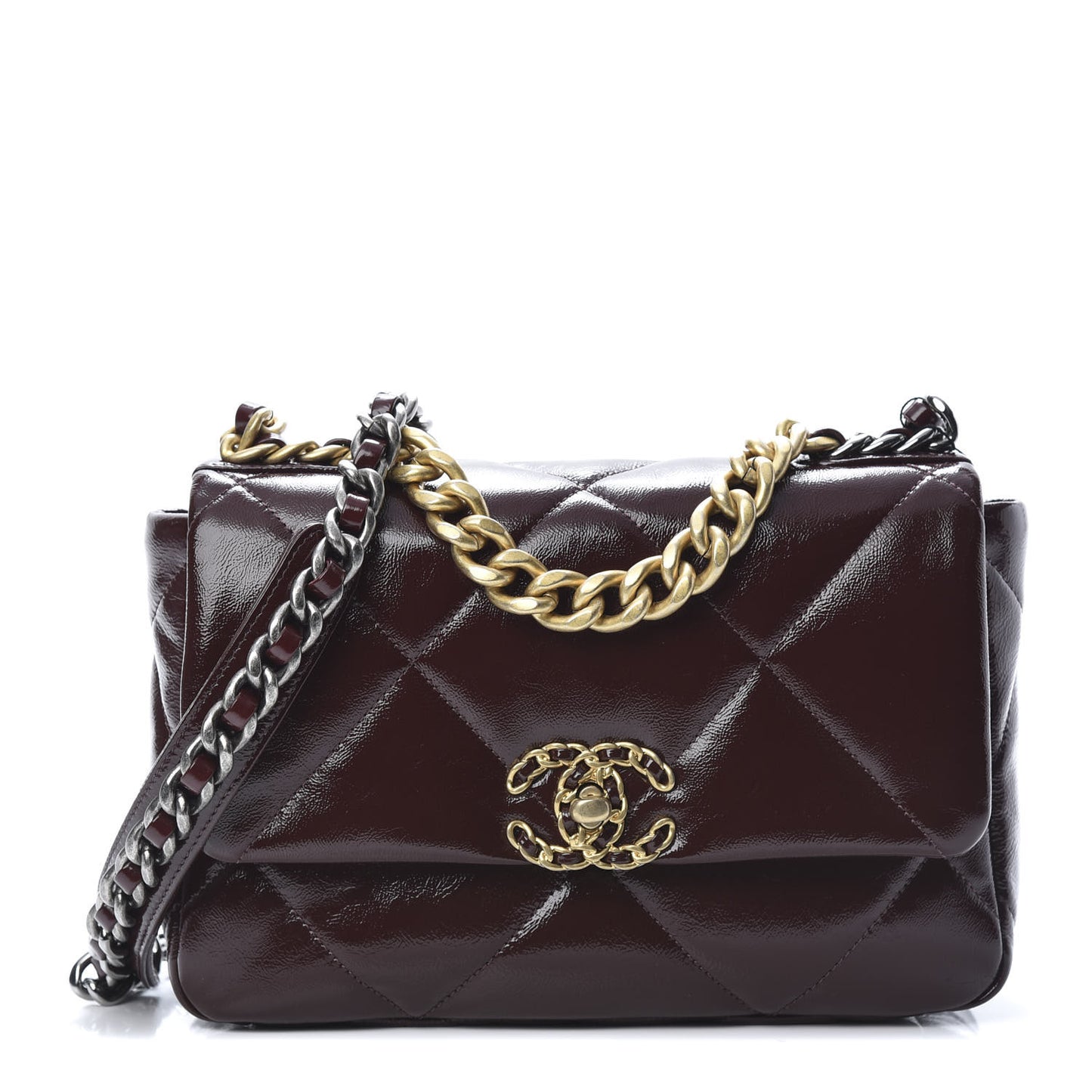 Shiny Crumpled Calfskin Quilted Medium 19 Flap Burgundy