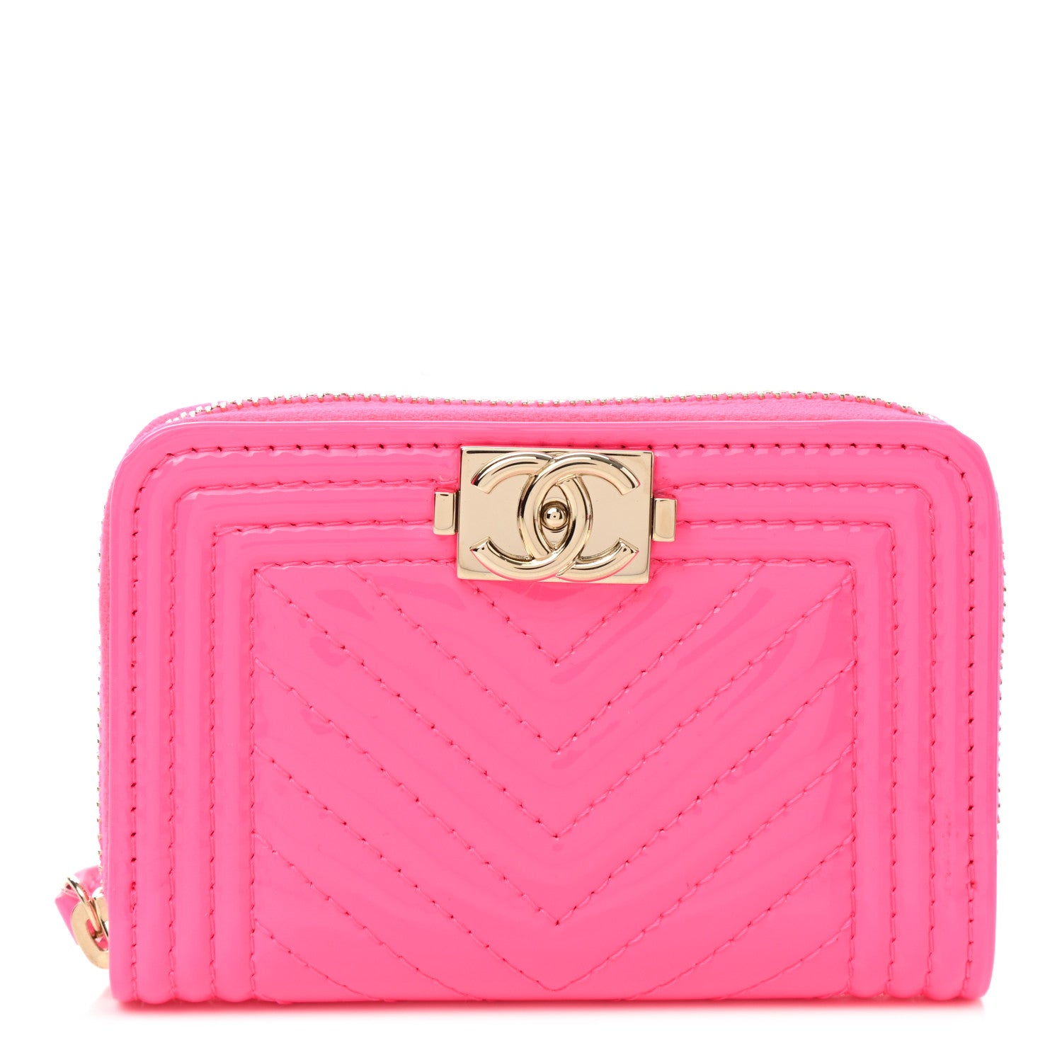 Chanel Patent Chevron Quilted Zip Around Boy Coin Purse Wallet Neon Pink 1 of 8