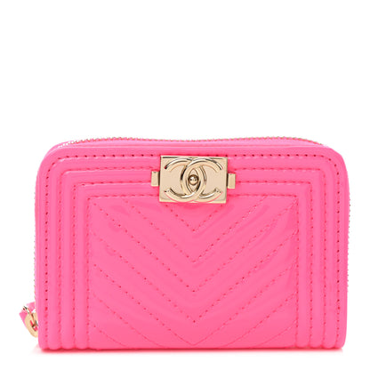 Chanel Patent Chevron Quilted Zip Around Boy Coin Purse Wallet Neon Pink 1 of 8