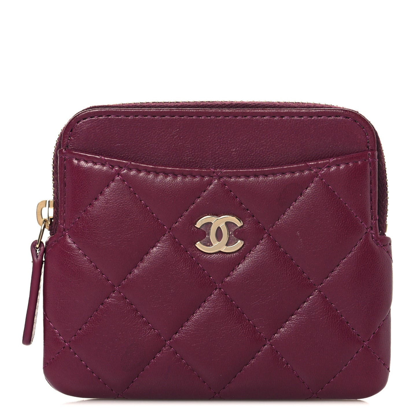 Lambskin Quilted Zip Card Holder Wallet Dark Purple