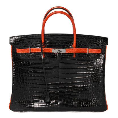 Hermes Shiny Porosus Crocodile Birkin 40 Black Orange 1 of 43
