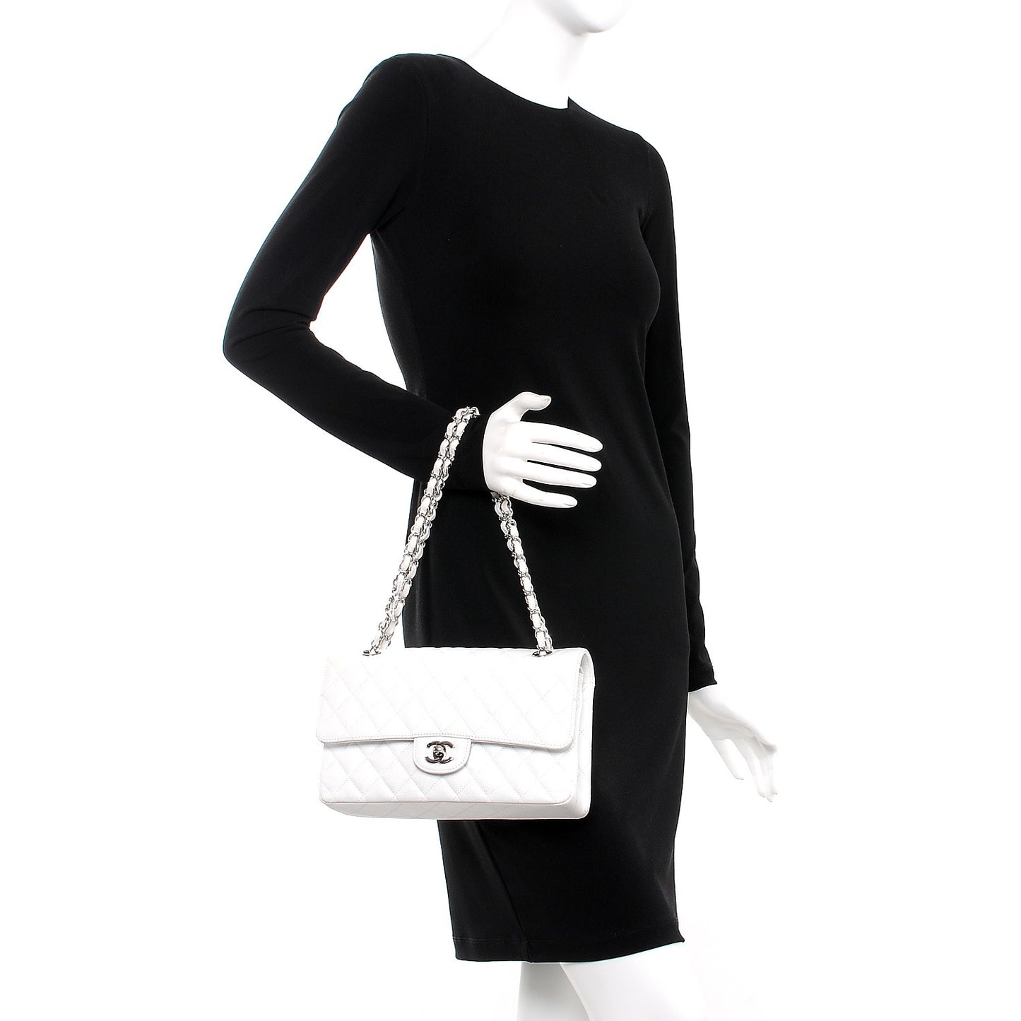 Caviar Quilted Medium Double Flap White
