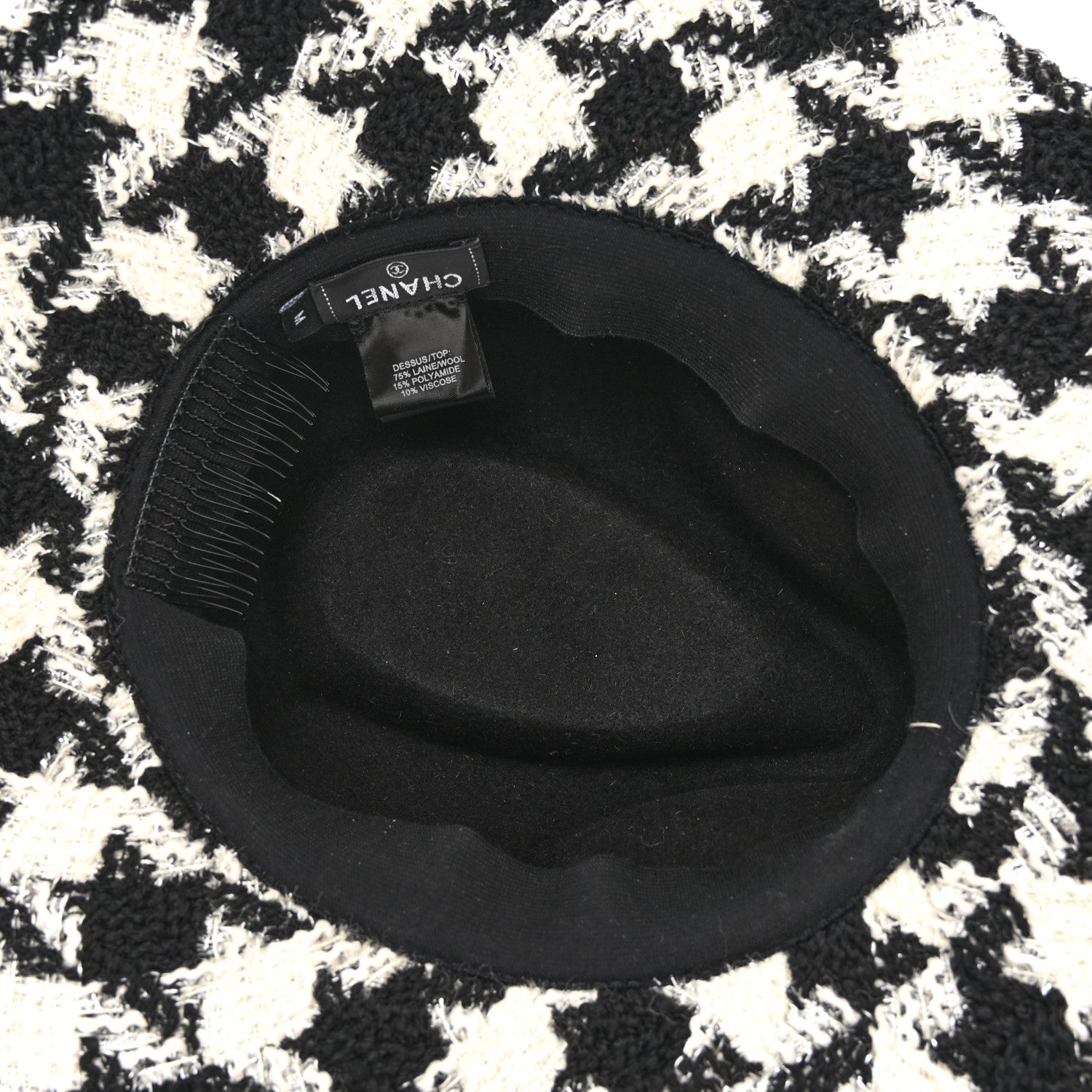 Chanel Cashmere Houndstooth CC Fedora Hat M White Black 6 of 7
