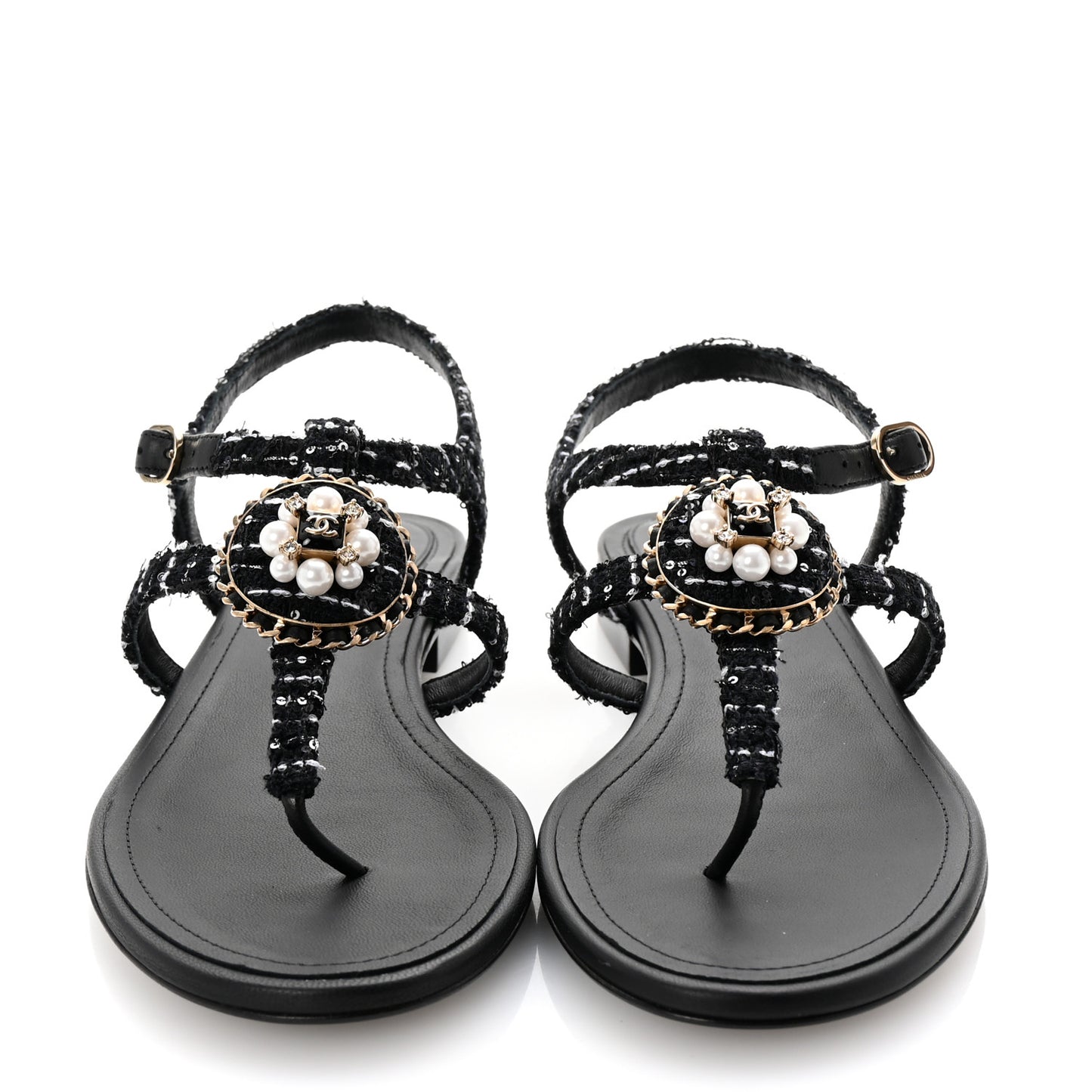 Cotton Tweed CC Charm Thong Sandals 39 Black White