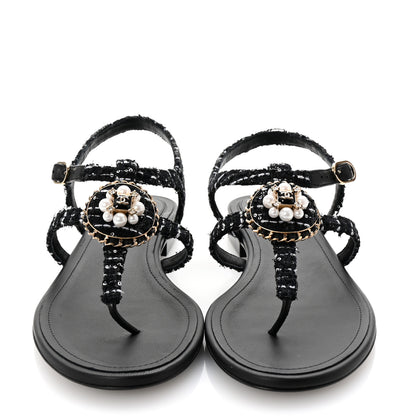 Chanel Cotton Tweed CC Charm Thong Sandals 39 Black White 3 of 10