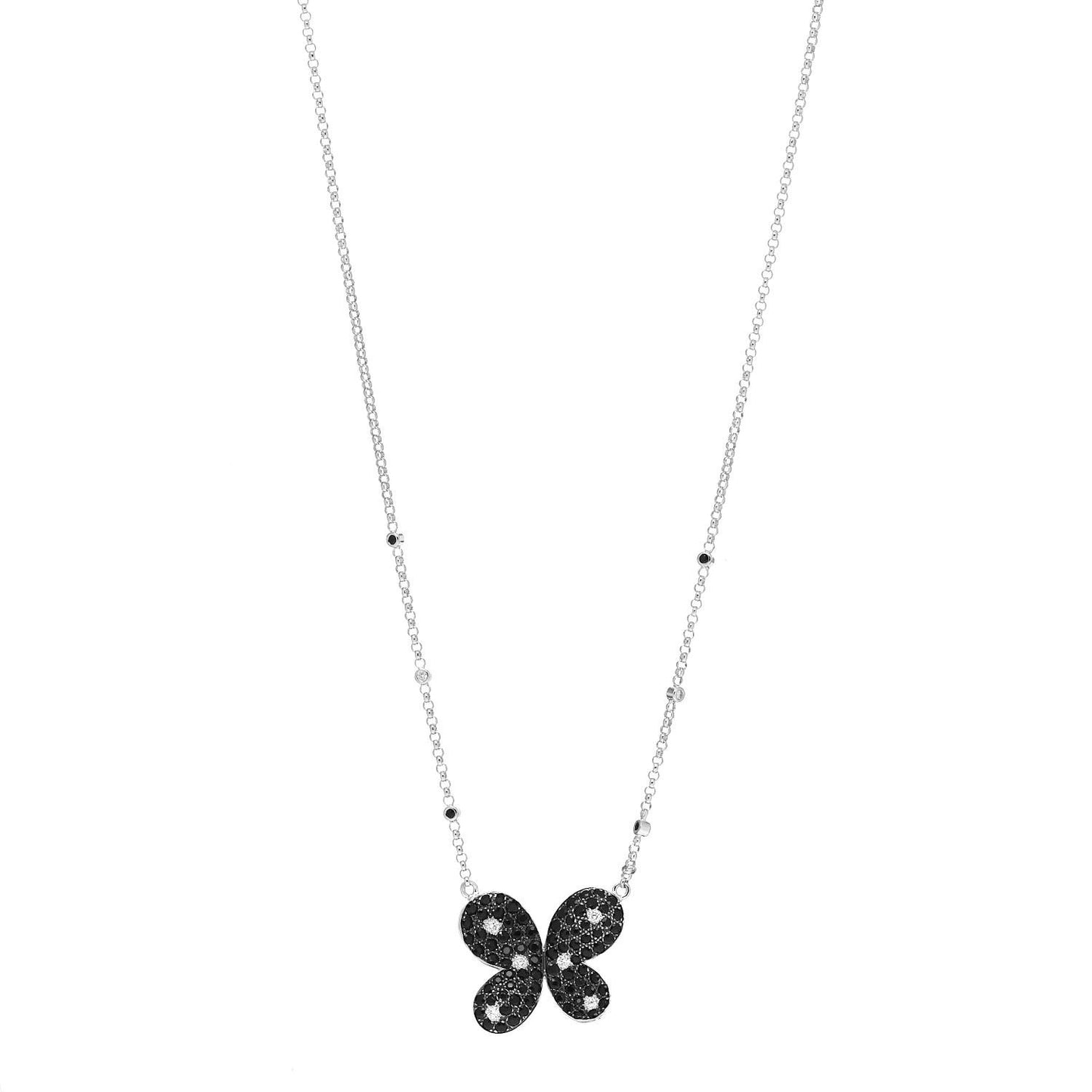 18K White Gold Diamond Black Sapphire Butterfly Pendant Necklace