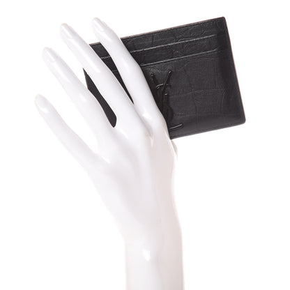 Saint Laurent Calfskin Crocodile Embossed Monogram Credit Card Case Black 2 of 12