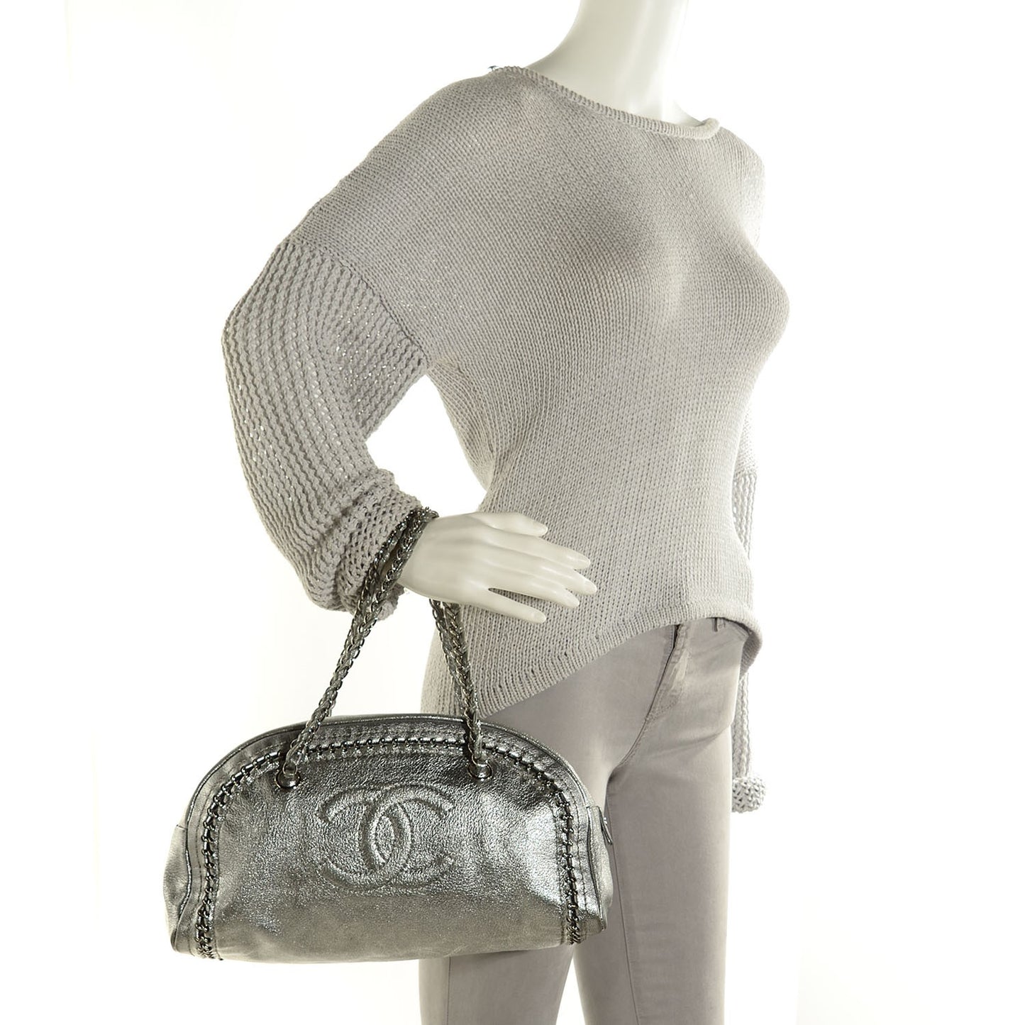 Metallic Goatskin Medium Luxe Ligne Bowler Silver
