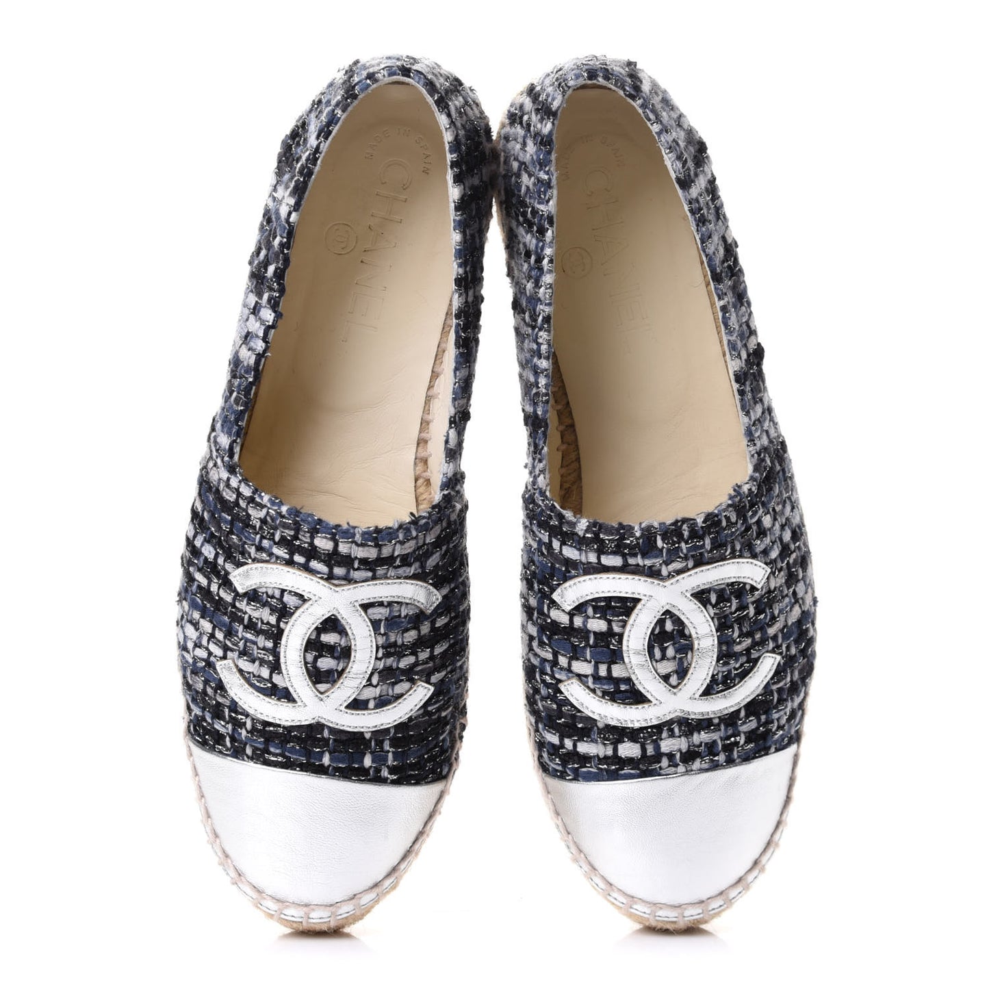 Metallic Tweed Lambskin CC Espadrilles 38 Blue Black Silver