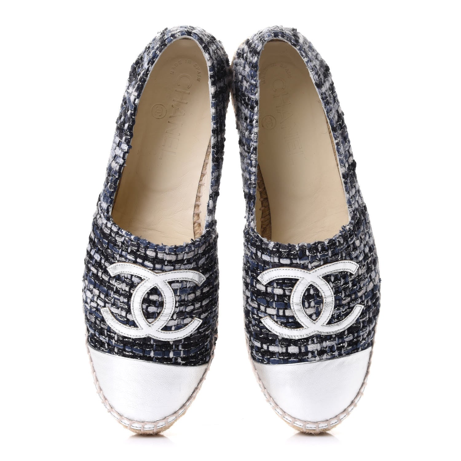 Chanel Metallic Tweed Lambskin CC Espadrilles 38 Blue Black Silver 5 of 10