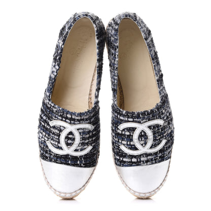 Chanel Metallic Tweed Lambskin CC Espadrilles 38 Blue Black Silver 5 of 10