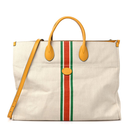 Gucci Linen Heavy Canvas Textured Dollar Calfskin Web Large Retro Interlocking G Foldable Tote Light Beige 1 of 8
