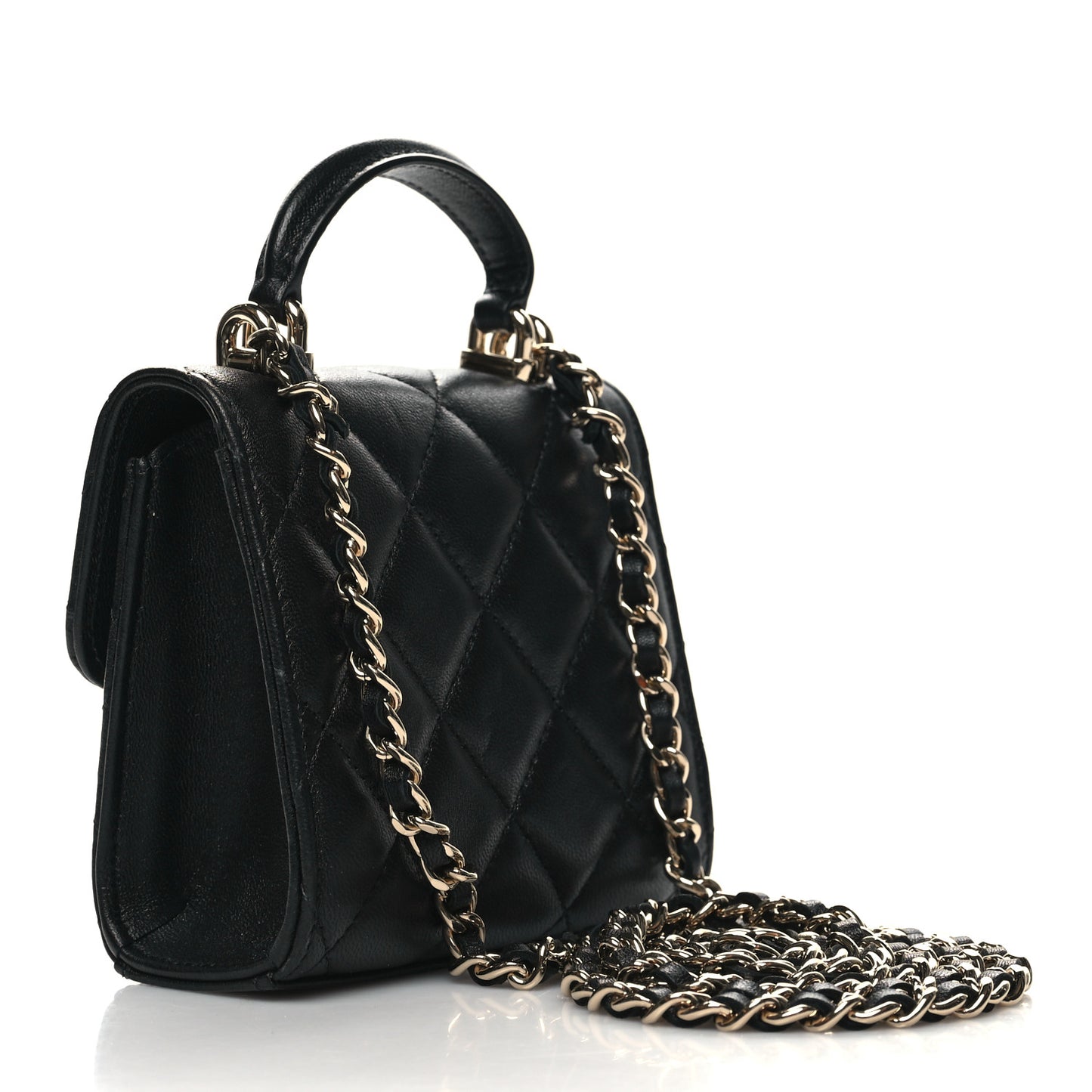 Lambskin Quilted Top Handle Flap Clutch With Chain Black