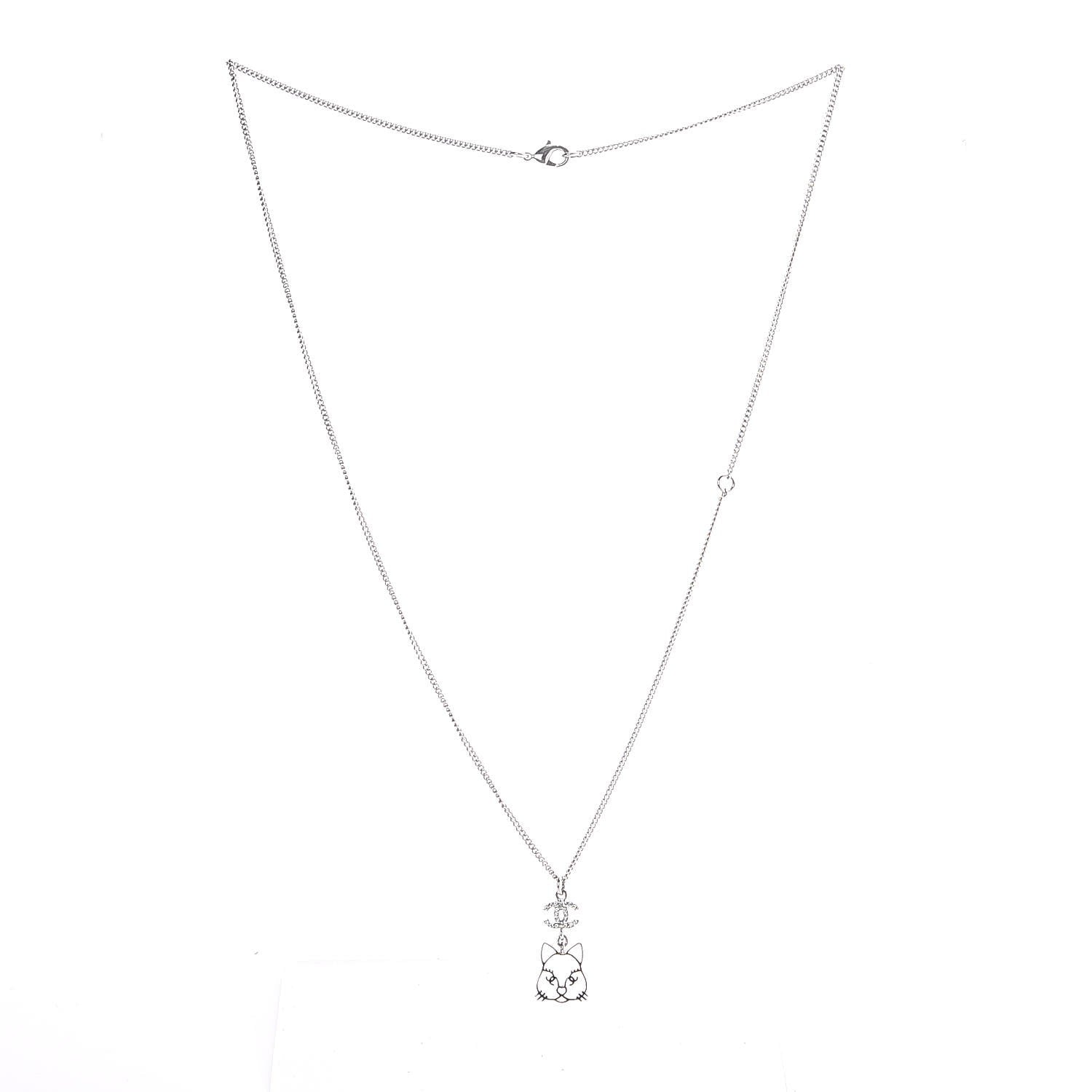 Chanel Crystal Emoji Choupette Cat Pendant Necklace Silver 3 of 5