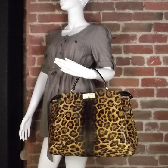 Calf Hair Leopard Print Zucca Large Peekaboo Iconic Satchel Tobacco