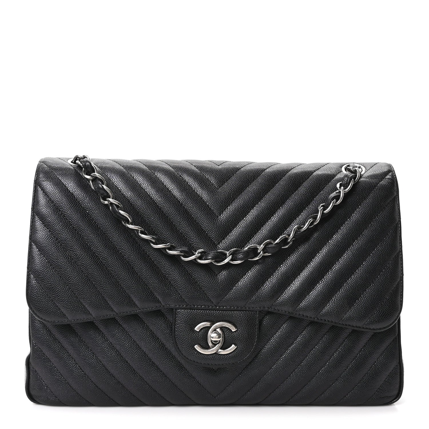 Chanel Iridescent Caviar Chevron Quilted Jumbo Double Flap Black 1 of 10