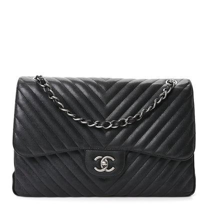 Chanel Iridescent Caviar Chevron Quilted Jumbo Double Flap Black 1 of 10