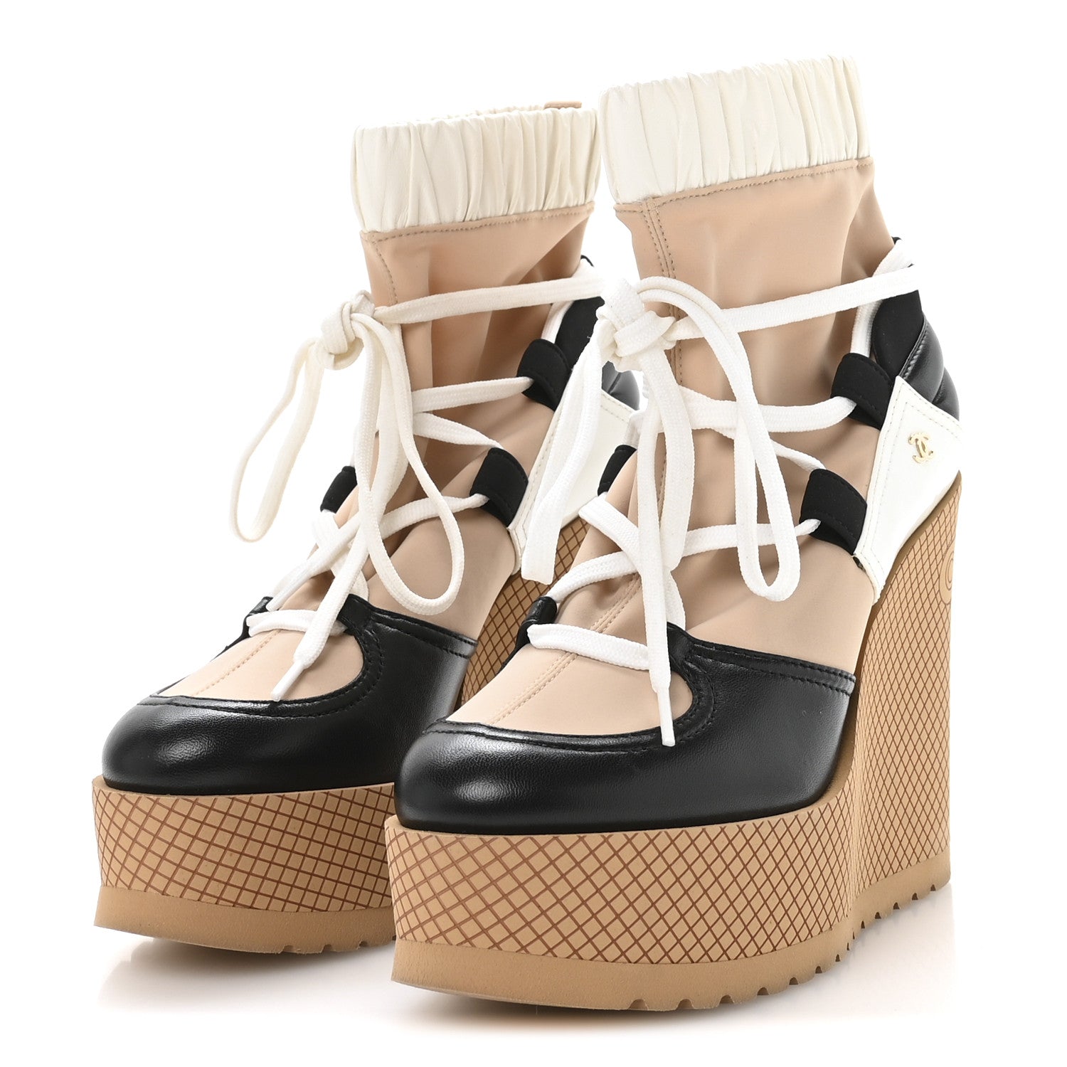 Chanel Fabric Lambskin Calfskin Runway Wedge Short Platform Boots 37 Black White Beige 4 of 8