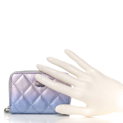 Chanel Gradient Metallic Calfskin Quilted Zip Around Coin Purse Wallet Silver Blue Yellow Purple 2 of 11