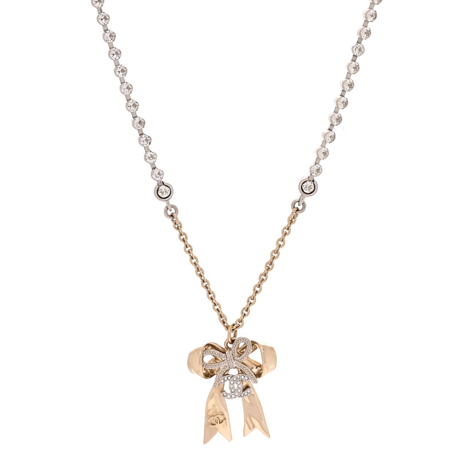 Chanel Crystal CC Bow Pendant Necklace Gold Silver 1 of 5