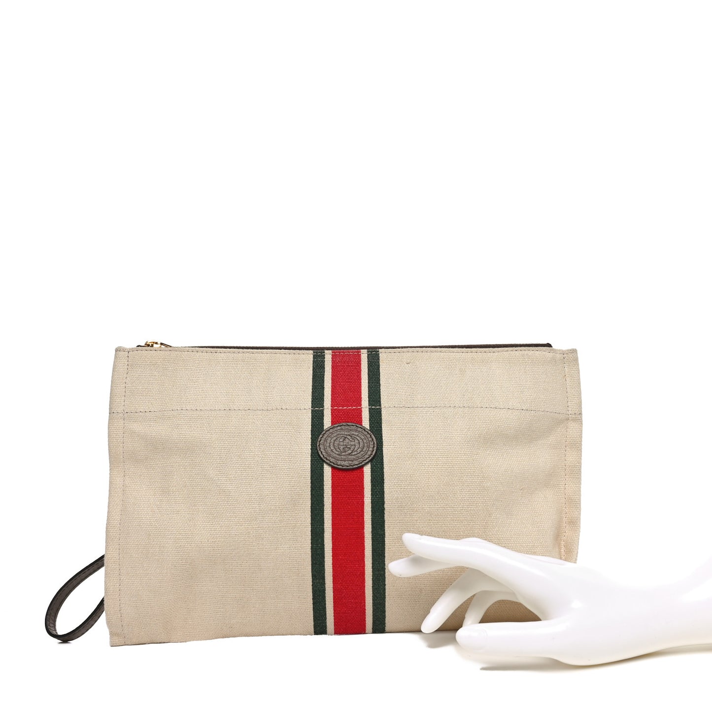 Linen Heavy Canvas Textured Dollar Calfskin Web Interlocking G Pouch Beige Brown