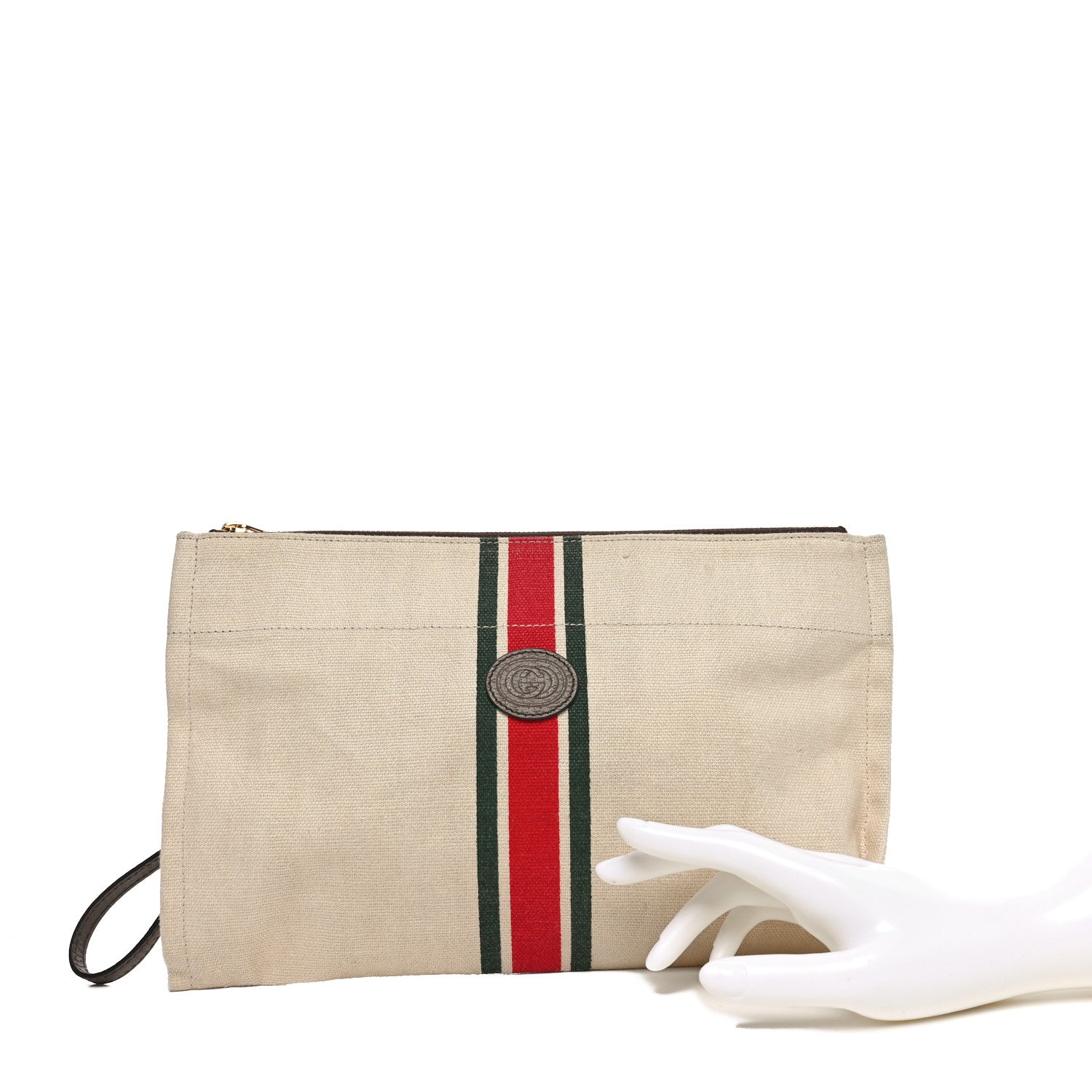 Gucci Linen Heavy Canvas Textured Dollar Calfskin Web Interlocking G Pouch Beige Brown 2 of 10