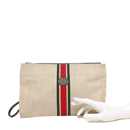 Gucci Linen Heavy Canvas Textured Dollar Calfskin Web Interlocking G Pouch Beige Brown 2 of 10