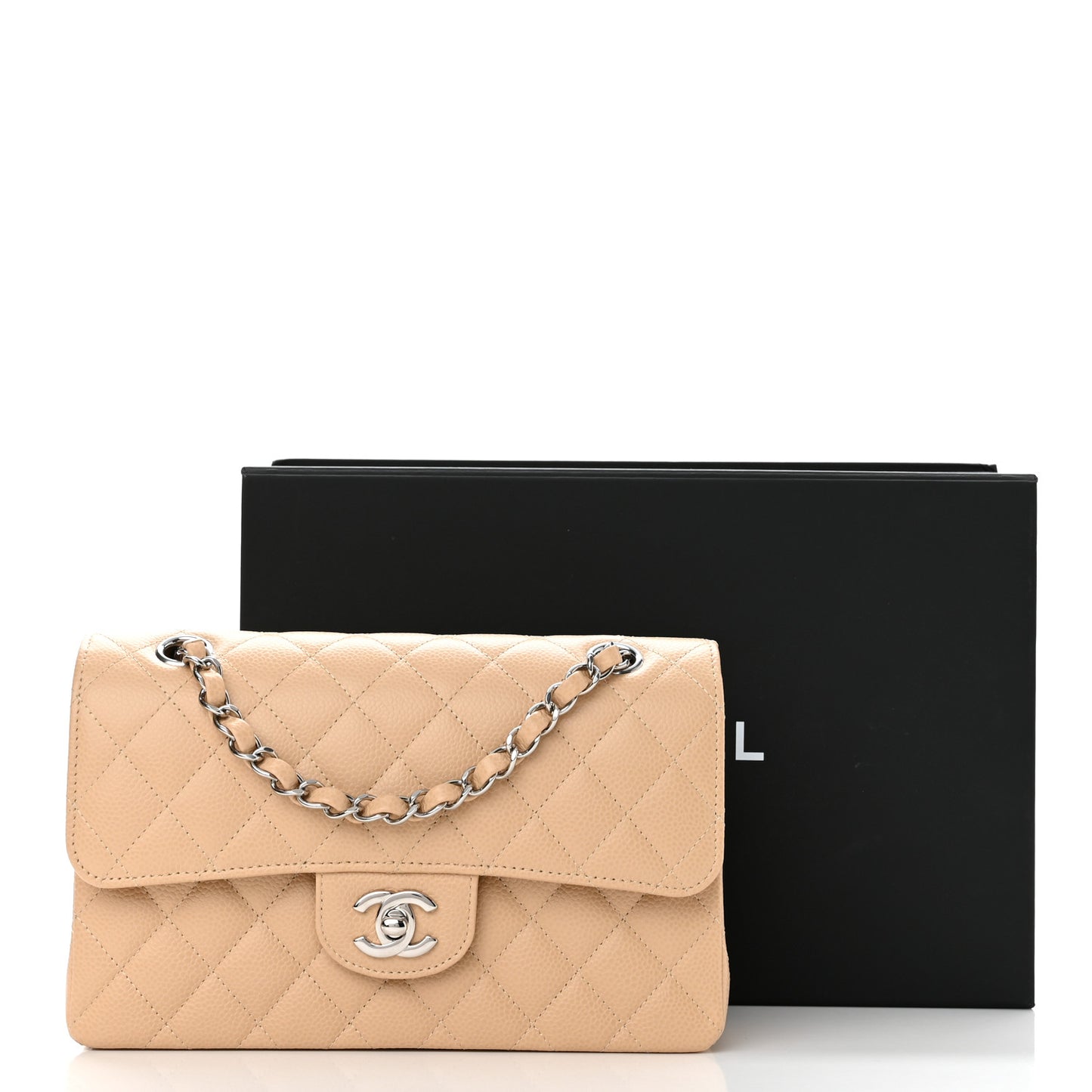 Caviar Quilted Small Double Flap Beige