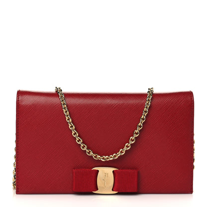 Salvatore Ferragamo Hammered Calfskin Vara Bow Chain Wallet Red 1 of 8