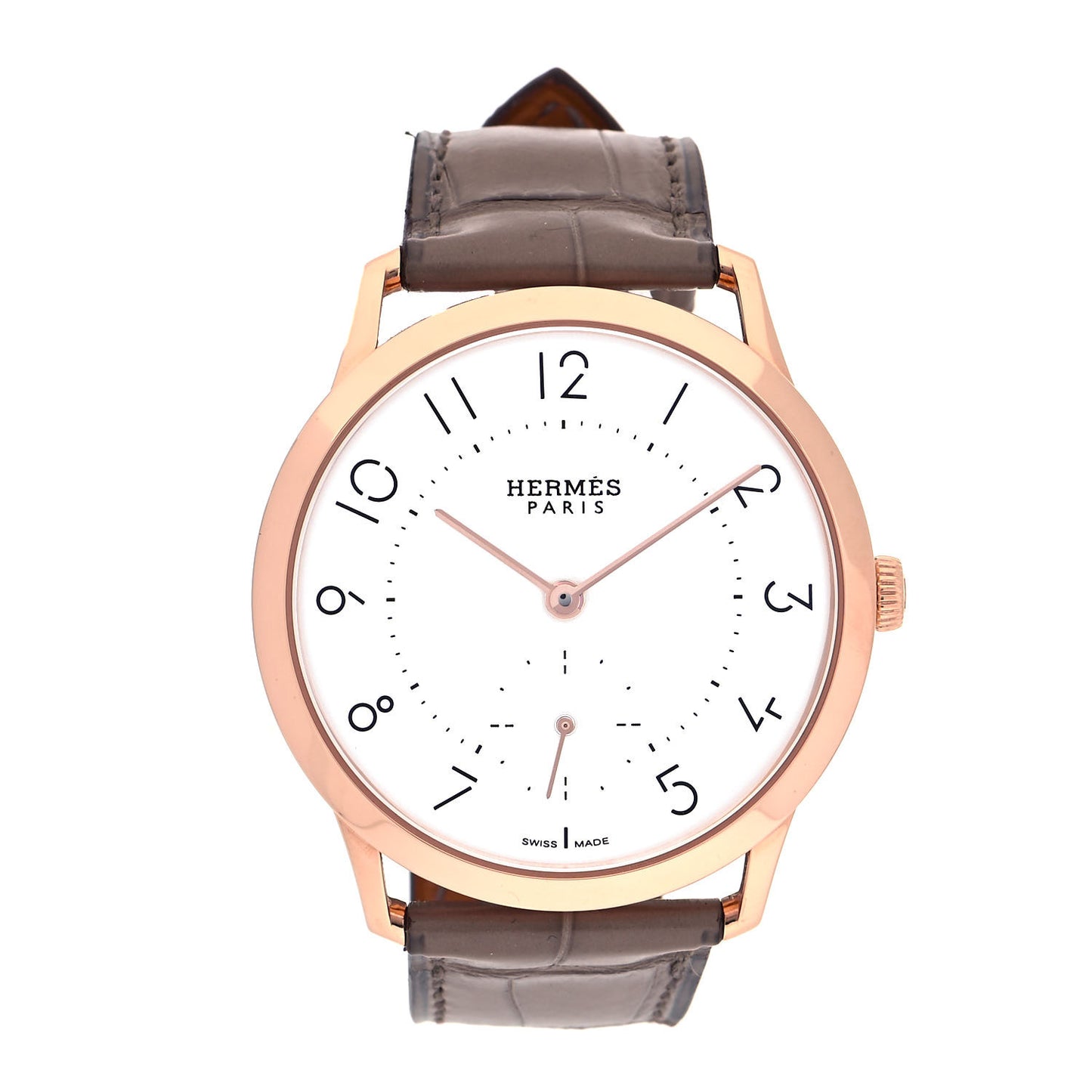 18K Rose Gold Alligator 39.5mm Slim D'Hermes Automatic Watch Etoupe