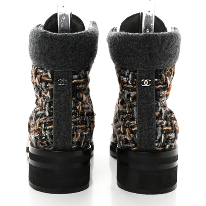 Chanel Tweed Lace Up Short Boots 38 Green Brown Black 5 of 11
