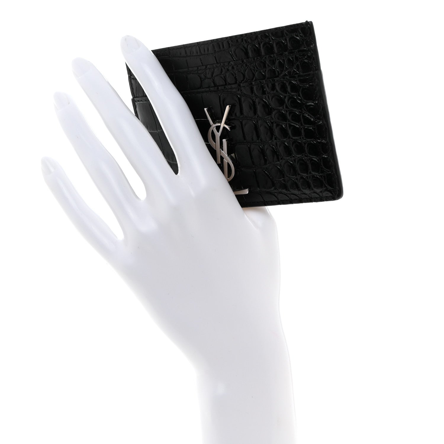 Saint Laurent Calfskin Crocodile Embossed Monogram Credit Card Case Black 2 of 7