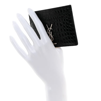 Saint Laurent Calfskin Crocodile Embossed Monogram Credit Card Case Black 2 of 7