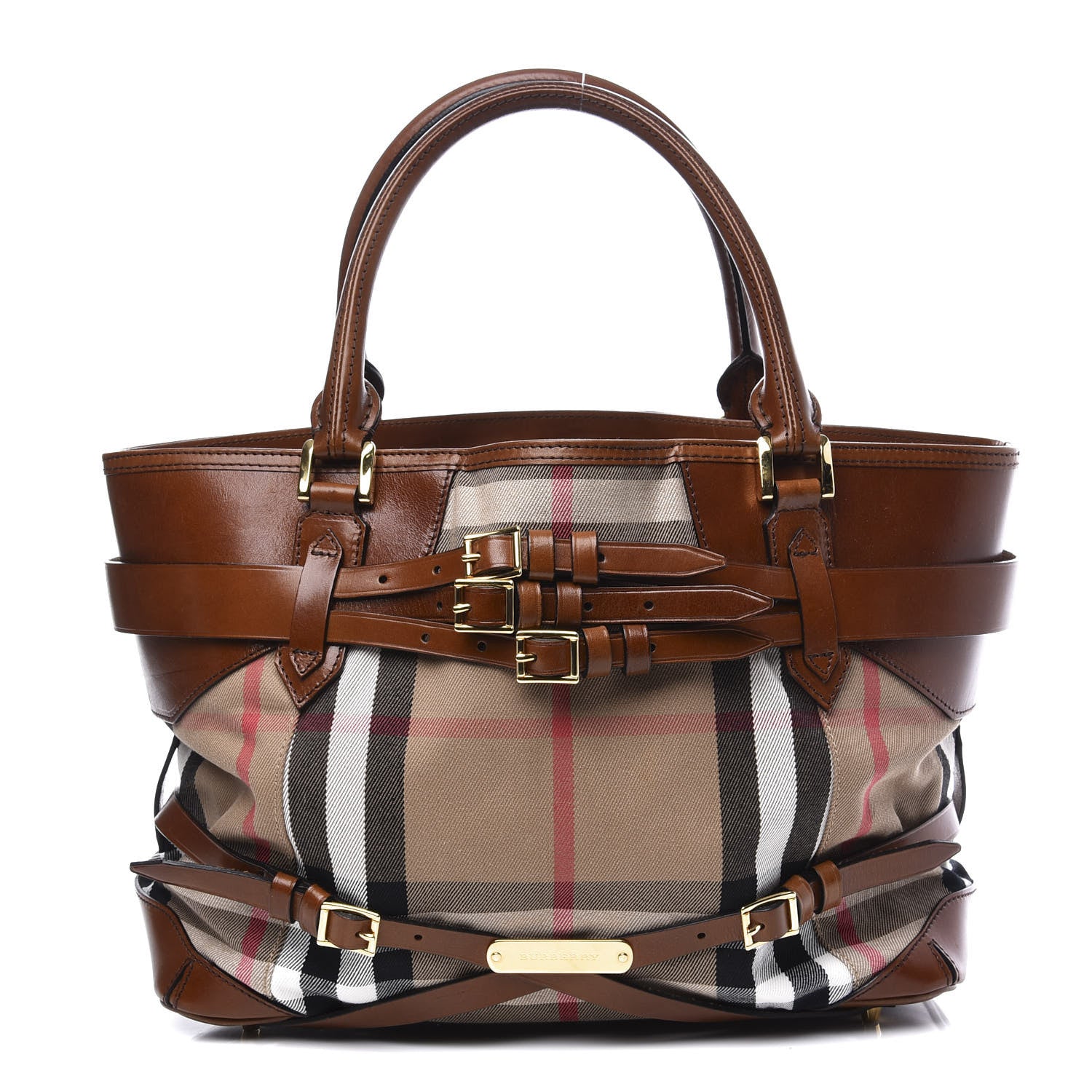 Burberry House Check Bridle Calfskin Medium Lynher Tote Dark Tan 1 of 14