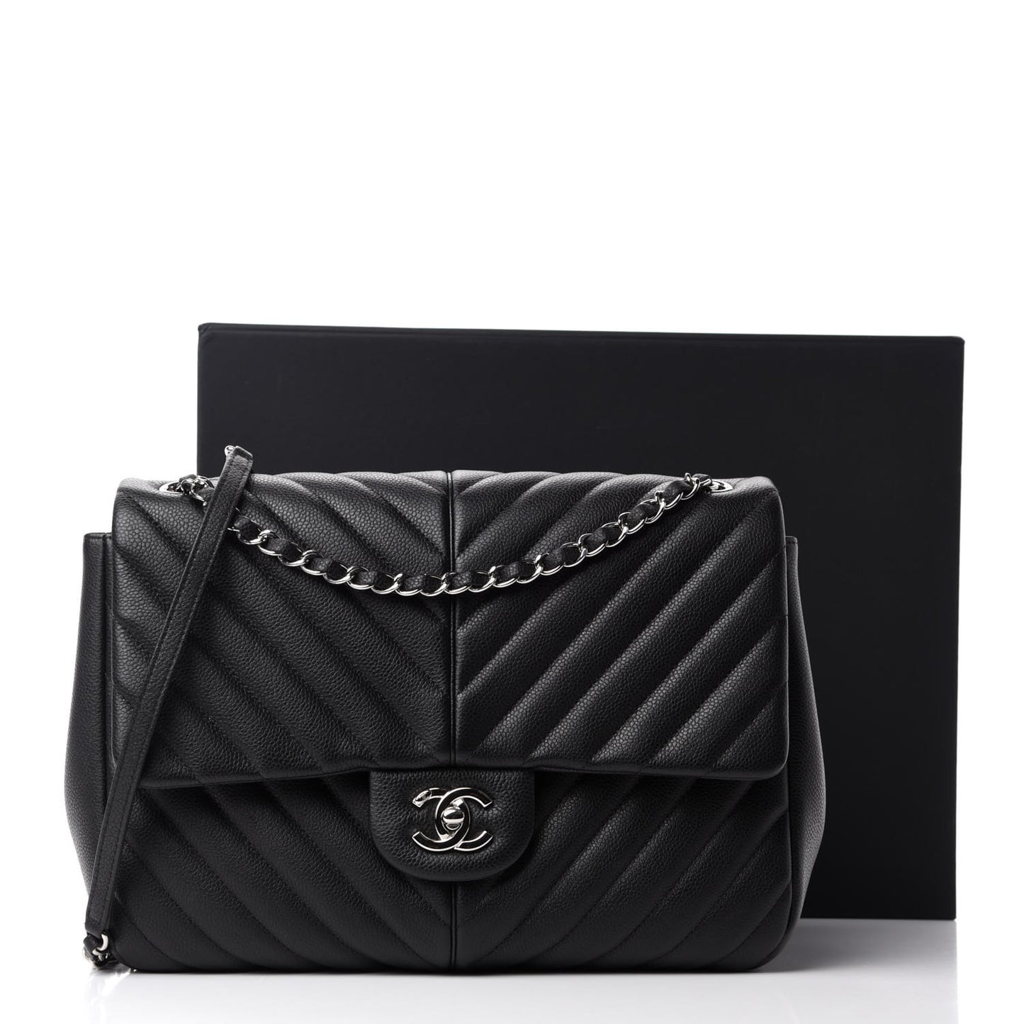 Caviar Chevron Quilted Large Puffy CC Flap Black