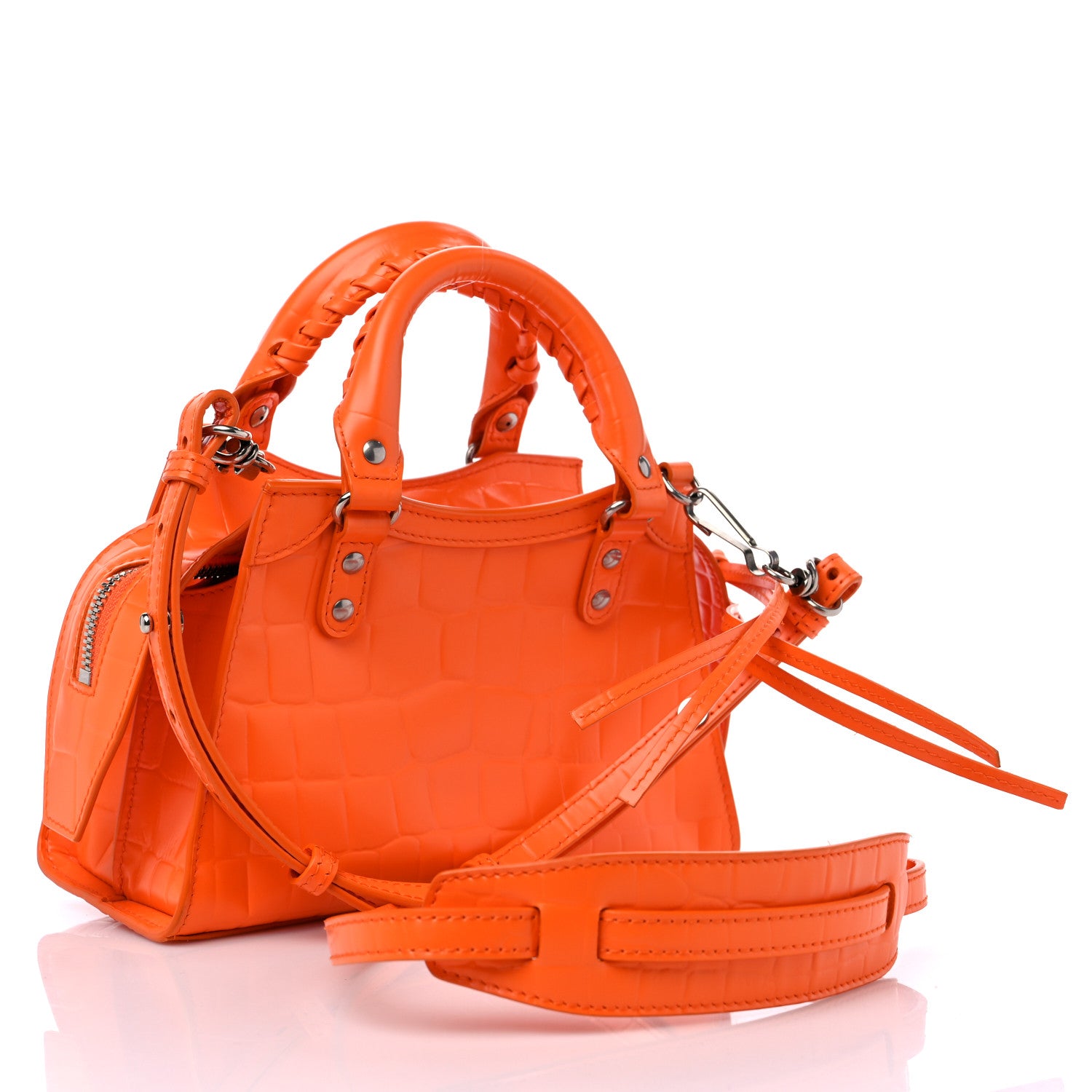 Balenciaga Semi Shiny Calfskin Crocodile Embossed Neo Classic Silver Hardware Mini City Orange 3 of 13