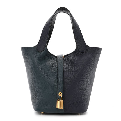 Hermes Taurillon Clemence Casaque Picotin Lock 18 PM Bleu Nuit Vert Bosphore 1 of 11