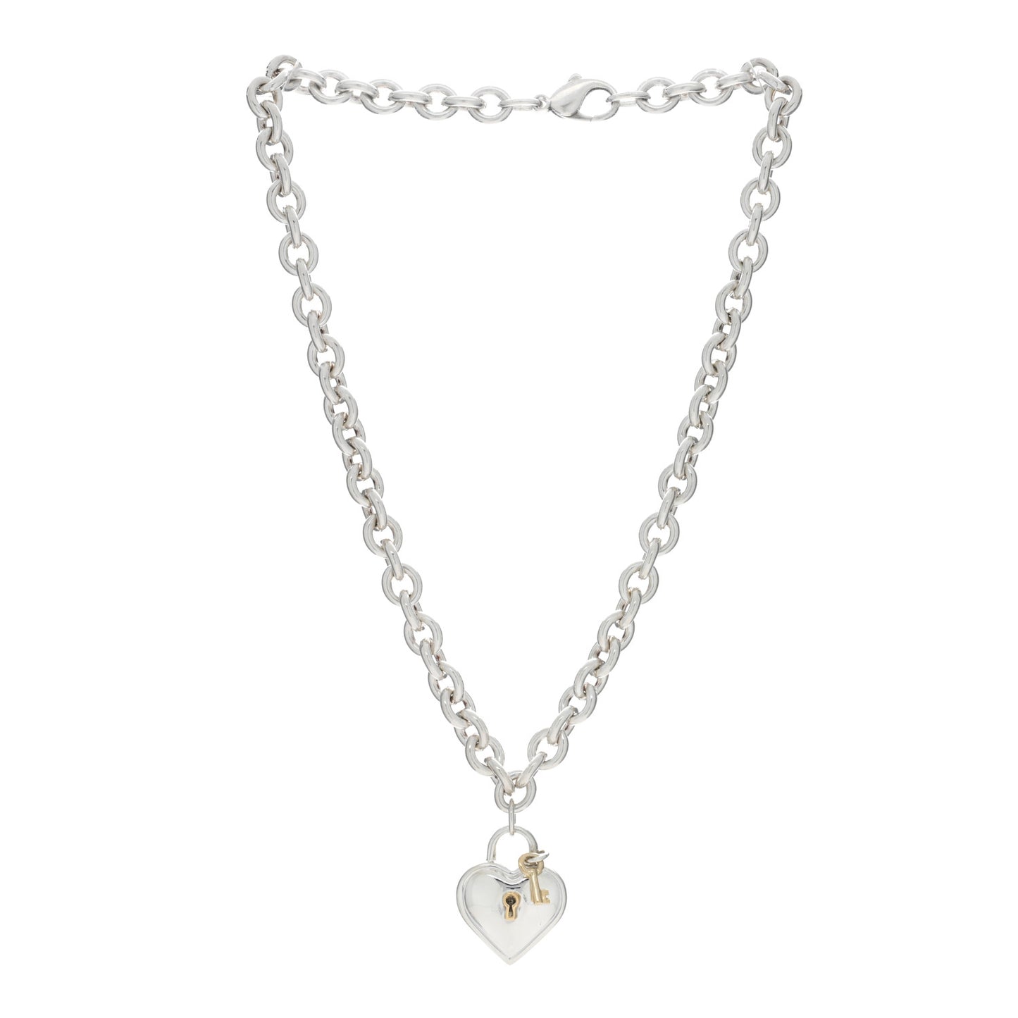 Sterling Silver 18K Yellow Gold Heart Lock Key Pendant Necklace