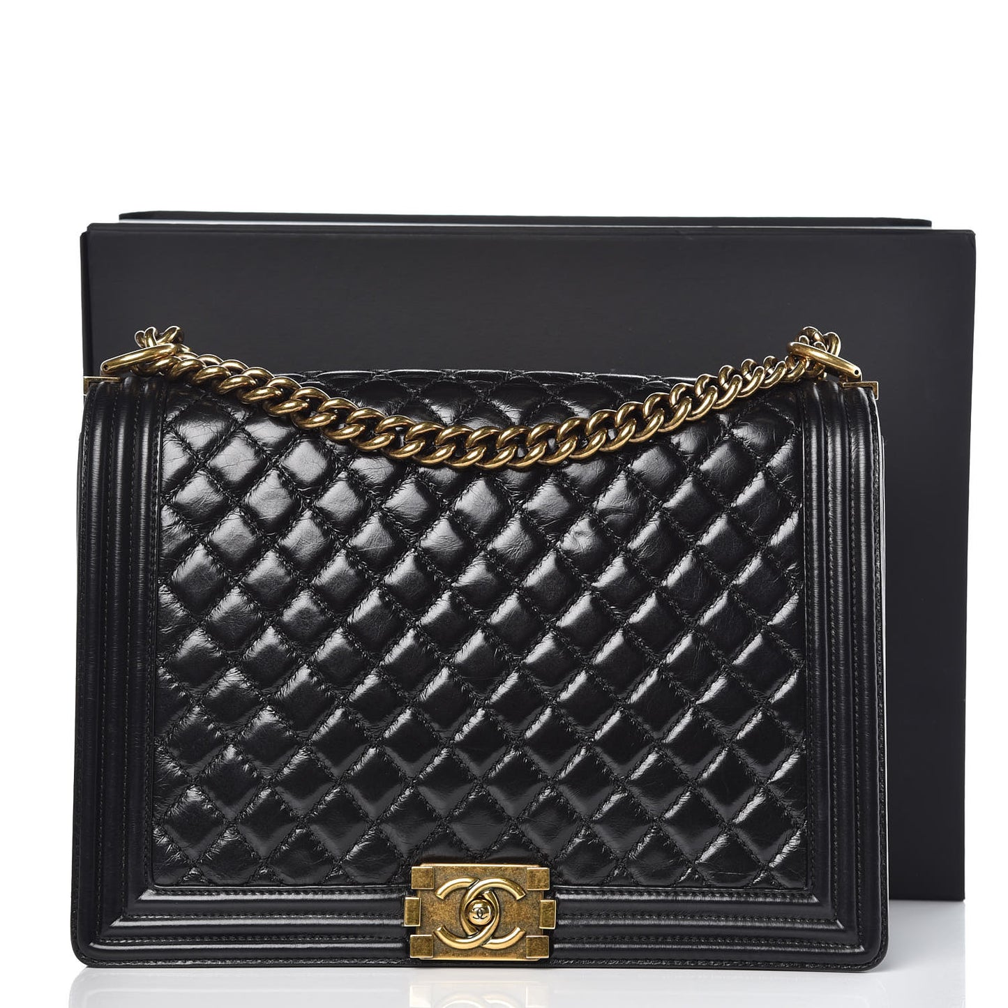 Glazed Calfskin Quilted Large Boy Flap Black