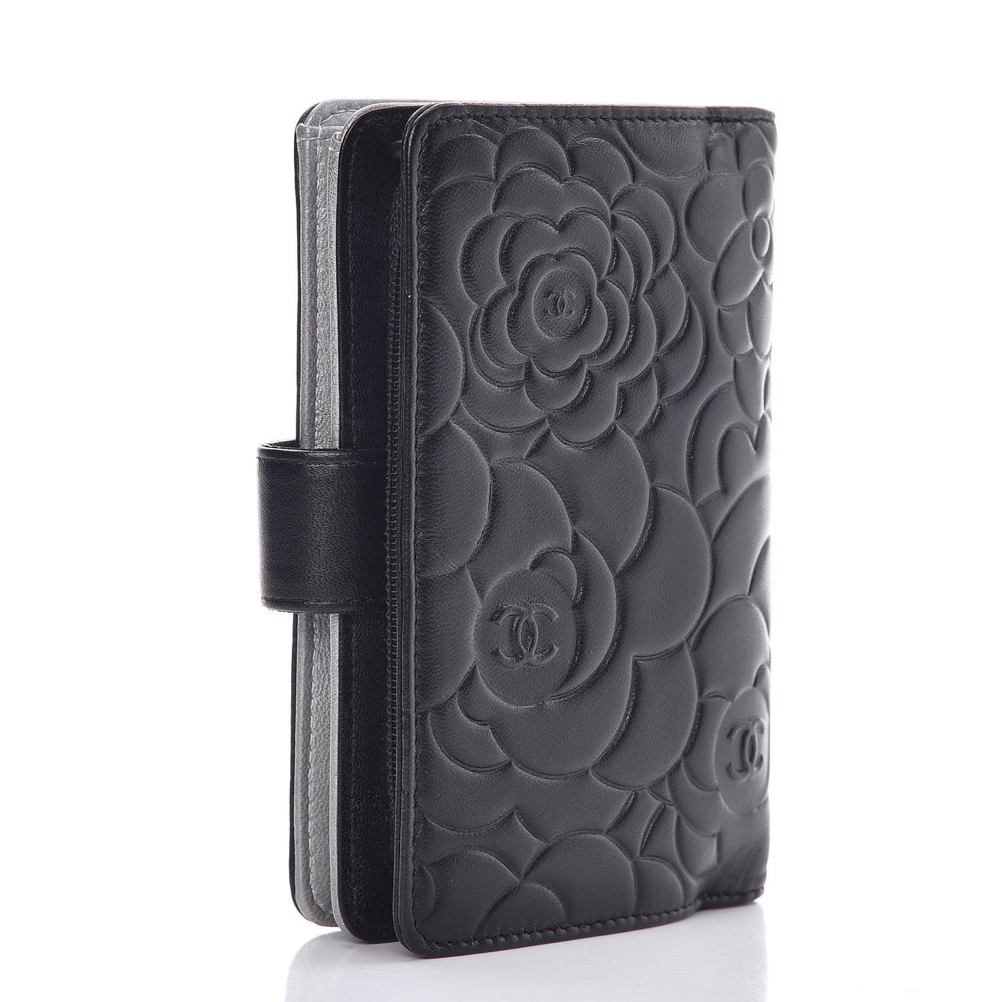 Lambskin Camellia Embossed Zipped Pocket Wallet Black
