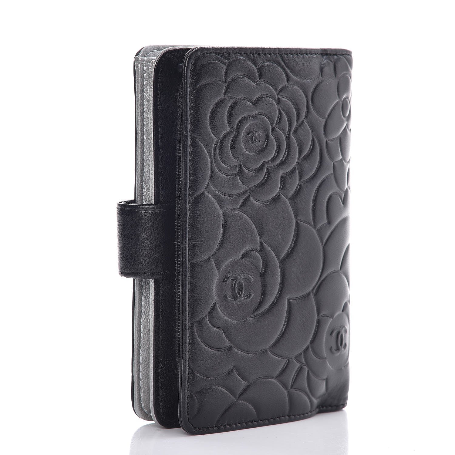 Chanel Lambskin Camellia Embossed Zipped Pocket Wallet Black 3 of 9