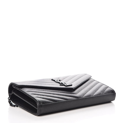 Saint Laurent Grain De Poudre Matelasse Chevron Monogram Chain Wallet Black 4 of 7
