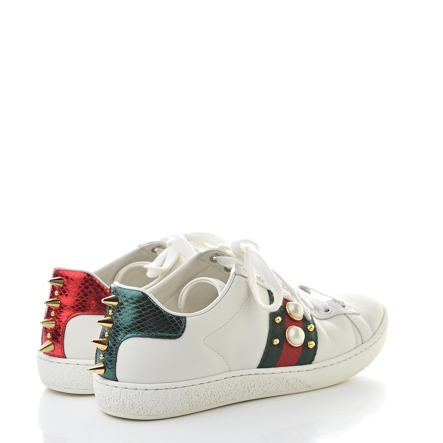 Gucci Calfskin Web Pearl Studded Womens Ace Sneakers 35 White 4 of 14