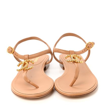 Chanel Lambskin Quilted CC Thong Sandals 38 Beige 2 of 8
