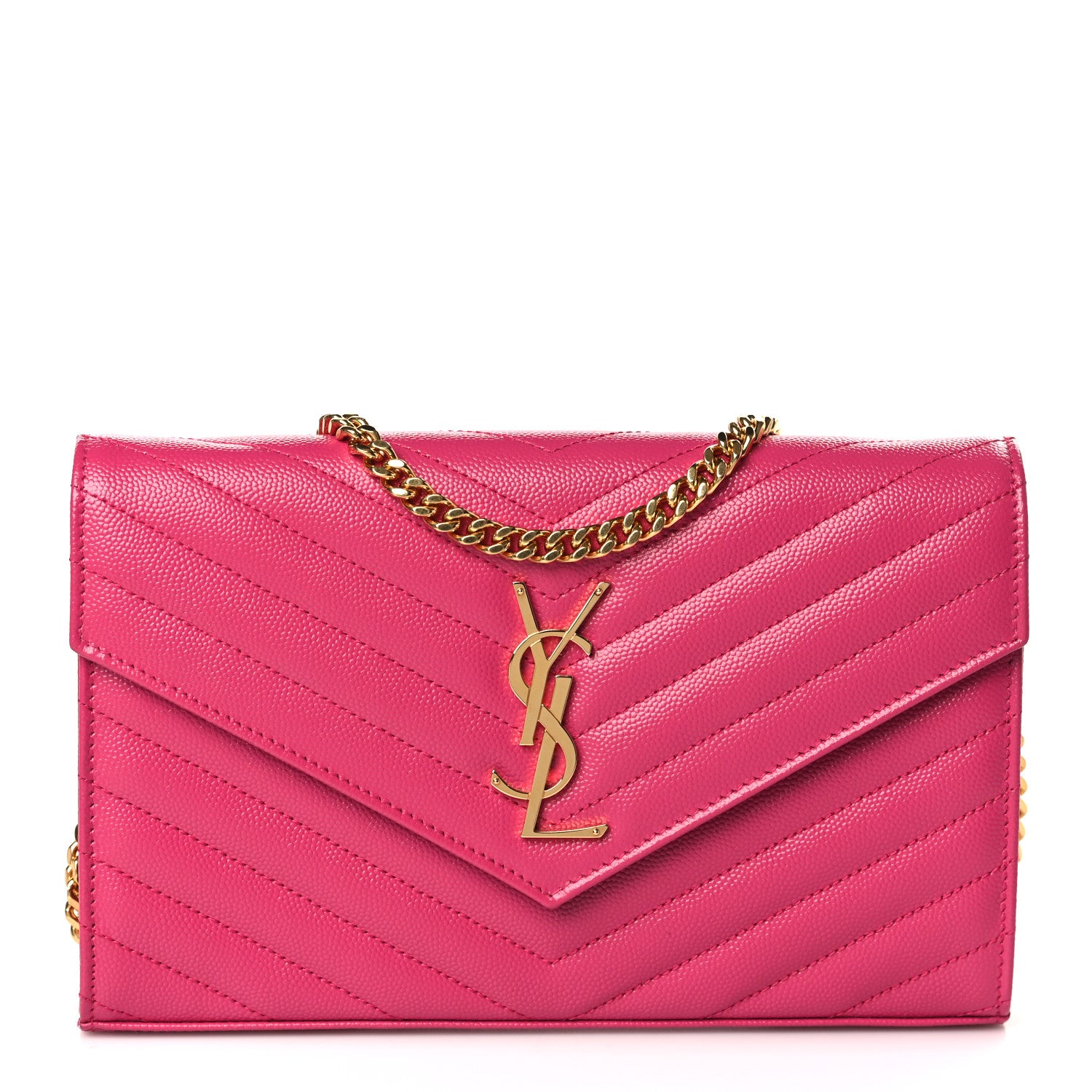 Saint Laurent Grain De Poudre Matelasse Chevron Monogram Chain Wallet Lipstick Fuchsia 1 of 9