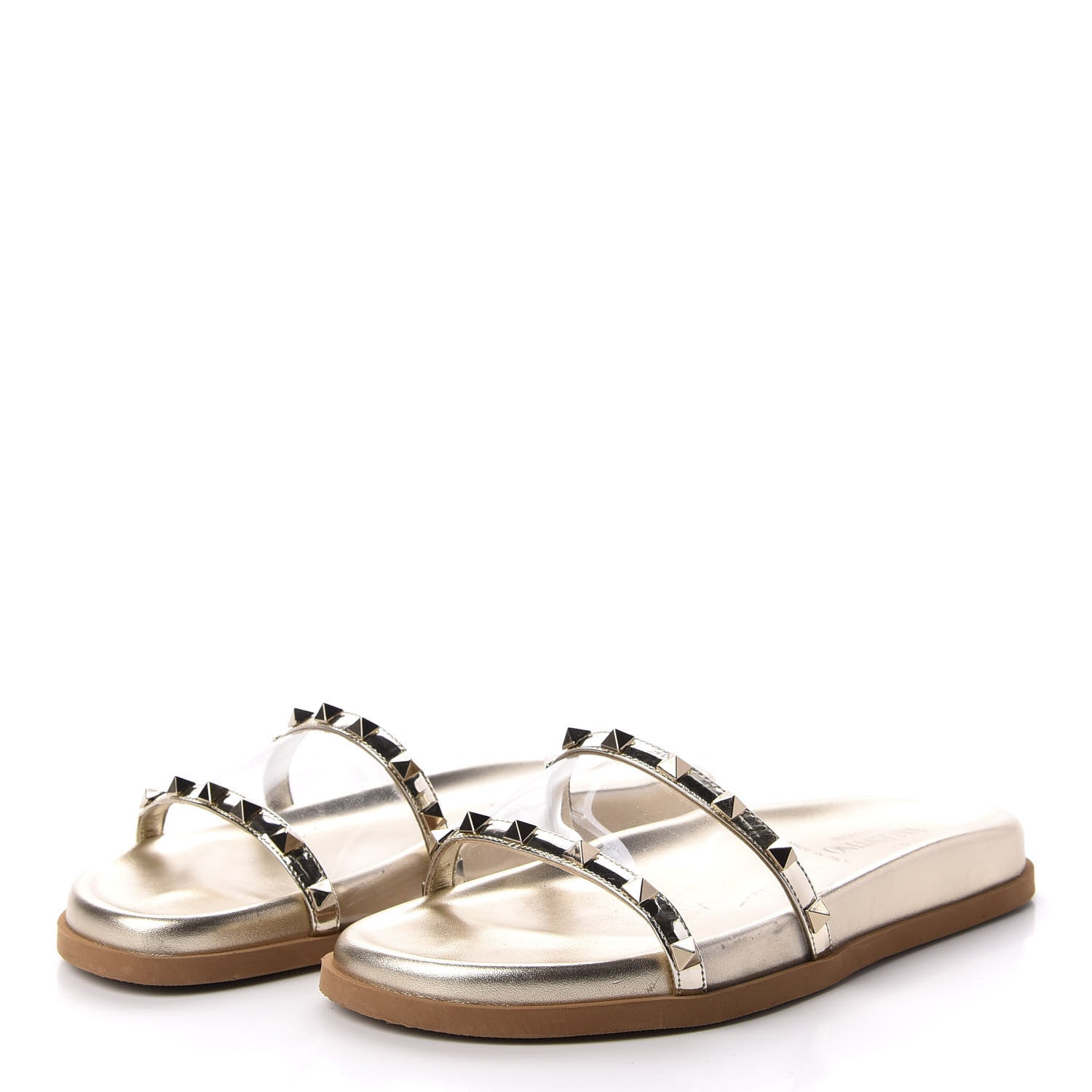 Valentino Garavani PVC Metallic Nappa Rockstud Moonwalk Flat Slide Sandals 37.5 Platino Transparent 3 of 10